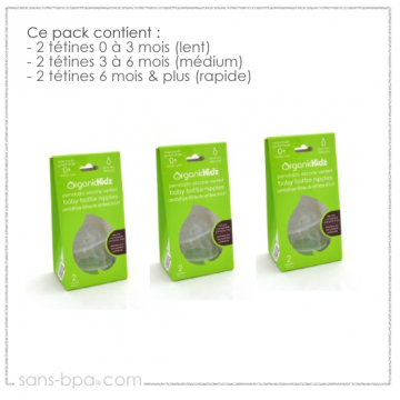 Pack 6 tétines goulot large 0 à 6 mois & plus - Organic Kidz