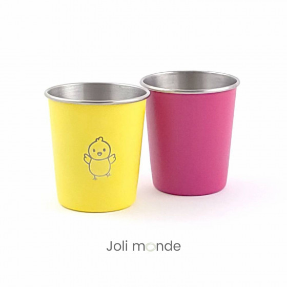 DUO Timbales 180 ml inox coloré . motif gravure PAPILLON & pink - JOLI MONDE