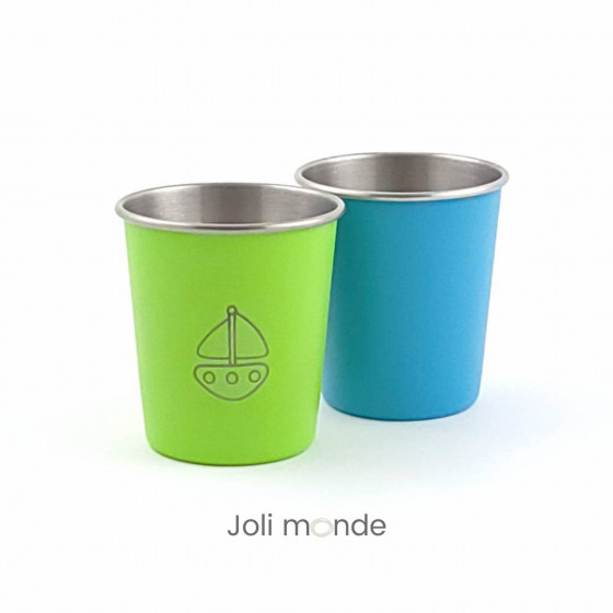 DUO Timbales 180 ml inox coloré . motif gravure BATEAU & blues - JOLI MONDE