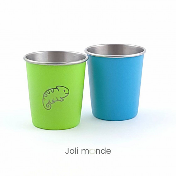 DUO Timbales 180 ml inox coloré . motif gravure GECKO & blues - JOLI MONDE